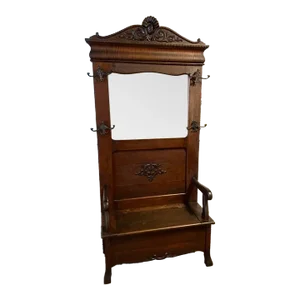 Early 20th Century Antique Eastlake Victorian Style Golden Tiger Oak Hall Coat Rack With Storage Bench