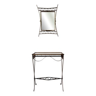 Italian Sculptural Brass, Iron and Glass Mirror and Console, 1950s, Set of 2 For Sale