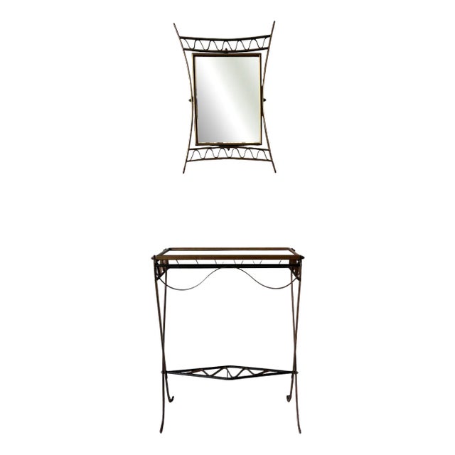 Italian Sculptural Brass, Iron and Glass Mirror and Console, 1950s, Set of 2 For Sale