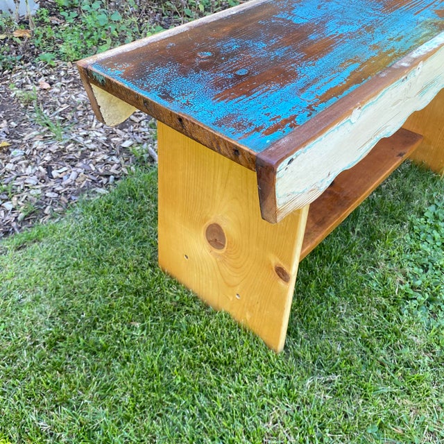 Handcrafted Primitive Pine Wood Bench Made by Local Folk Artist With Antique Wood For Sale In Sacramento - Image 6 of 8
