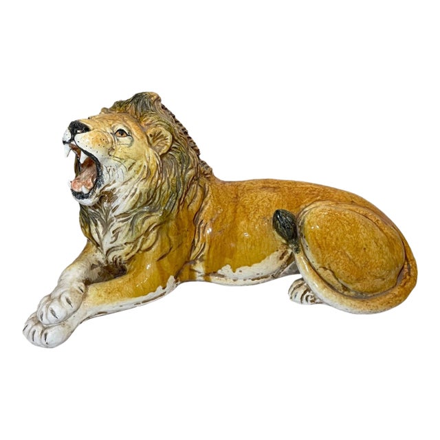 Large Antique Handmade Terracotta Pottery Italian Lion Majolica Sculpture Statue For Sale
