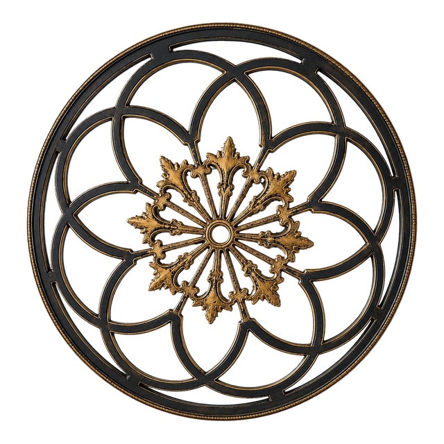 Large Onyx Black and Aged Gold Gothic Rosette Wall Mirror For Sale