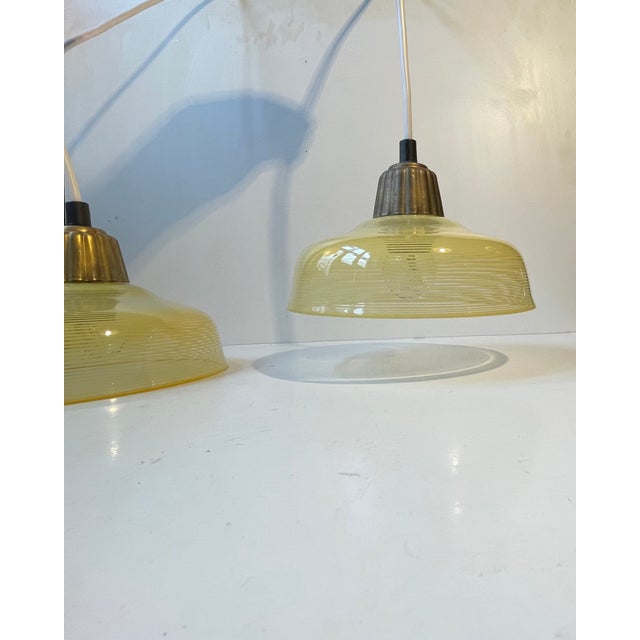 1940s Vintage Art Deco Brass and Striped Yellow Glass Pendant Lamps from Lyfa, 1940s, Set of 2 For Sale - Image 5 of 13