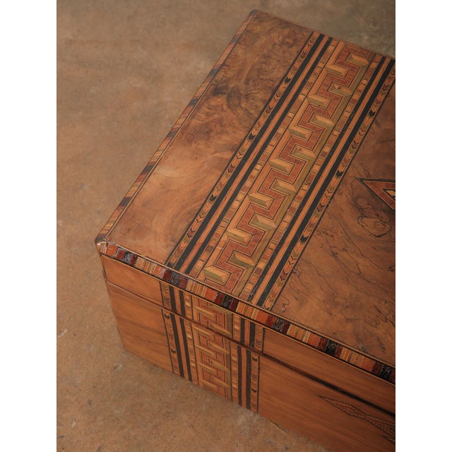 Vintage Marquetry Inlaid Writing Slope Lap Desk With Geometric Motif and Leather Interior For Sale - Image 11 of 13