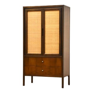 1960s Walnut and Cane Mid Century Armoire Dresser For Sale