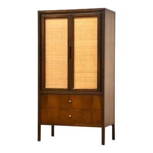 1960s Walnut and Cane Mid Century Armoire Dresser