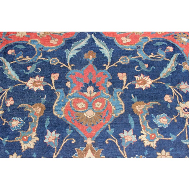 Antique Large Persian Tabriz Rug With Large Flowers on a Navy Background For Sale - Image 9 of 12