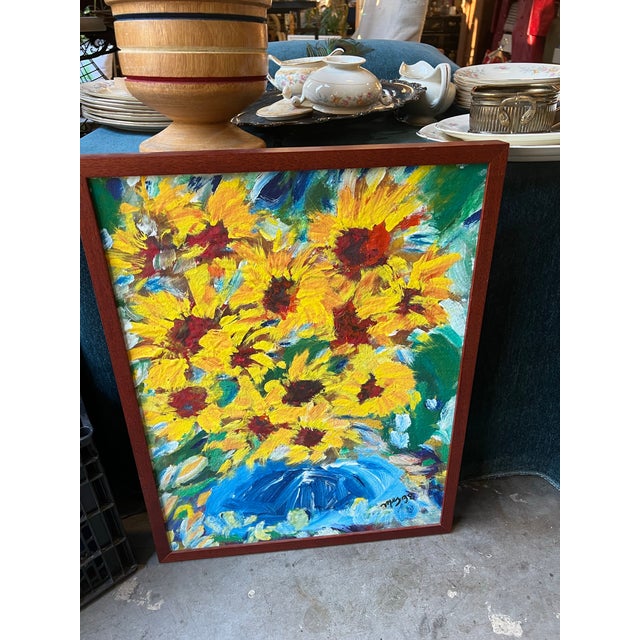 Signed and Framed Vintage Sunflower Painting For Sale - Image 4 of 6