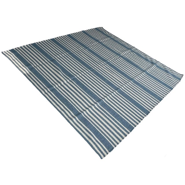 Handmade Thick Woolen Flat Weave Rug, Sky Blue and White Striped Wool Rug - 8'x8' For Sale - Image 14 of 14