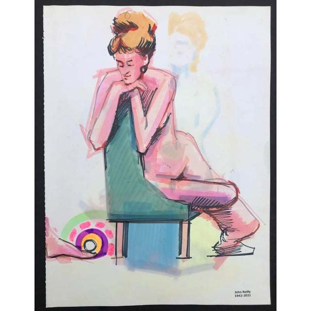 1980s double sided female nude marker and watercolor painting by Pennsylvania artist John Reilly (1942-2021). Estate stamp...