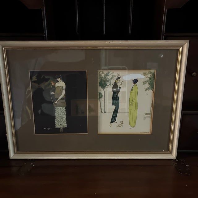 Rare set of three framed pochoir fashion illustrations with 7 original works. Brown Mat Illustrations: 16.5”W x 11.5”H...