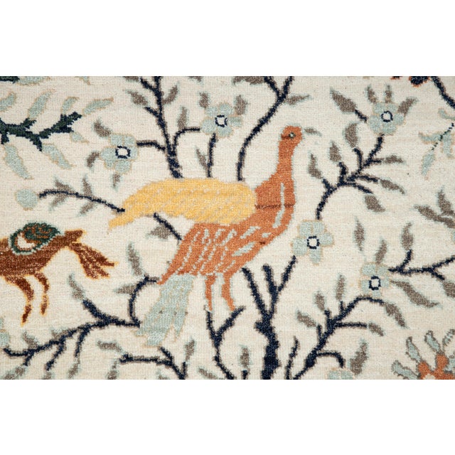 Tribal 8x10Ft. White Peacock Wool Rug, Hand Knotted Birds Garden For Sale - Image 3 of 11