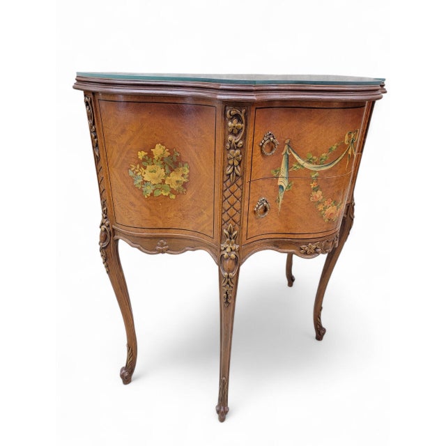 Antique Neoclassical French Style Hand Painted Satinwood Side/End Tabes/Nightstands - Pair This elegant pair of antique...