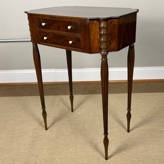 A finely crafted antique Federal revival mahogany work table or sewing stand, likely dating to the early 20th century in...