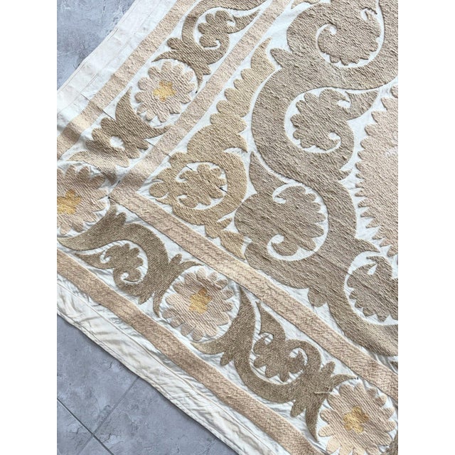 Neutral Tan Uzbekistan Suzani Embroidered Wall Hanging 4' X 4'9'' For Sale - Image 4 of 9