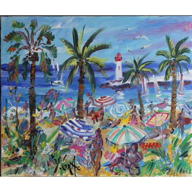The cros dei pin beach at st. Jean cap ferrat', oil on canvas, by yvon grac (circa 1990s). Sun, crowds and the glittering...