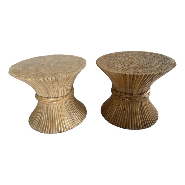 Mid-Century Modern McGuire Round Wheat Bamboo Sheaf Base Tables - Two Available For Sale