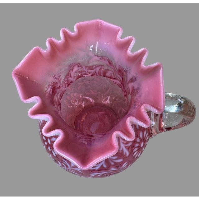 Antique Victorian Cranberry Opalescent Floral Decorated Art Glass Water Pitcher For Sale - Image 10 of 12