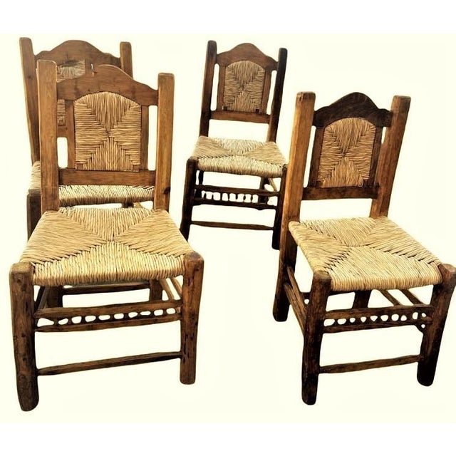 Early 21st Century Rustic Mexican Dining Chairs With Rush Seats Set