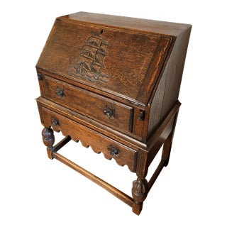 Antique Nautical English Oak Bureau Secretary Desk With Ship Motif For Sale