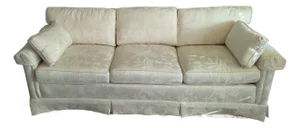 Cream Ethan Allen 1980 Roll Arm Skirted Sofa