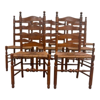 Vintage French Country Ladderback Rush Seat Dining Chairs - Complete Set of 8 For Sale