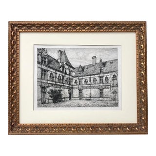 Antique French Etching Chateau La Rochefoucauld Courtyard by Eugene Sadoux C. 1860 For Sale