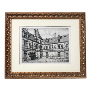 Antique French Etching Chateau La Rochefoucauld Courtyard by Eugene Sadoux C. 1860