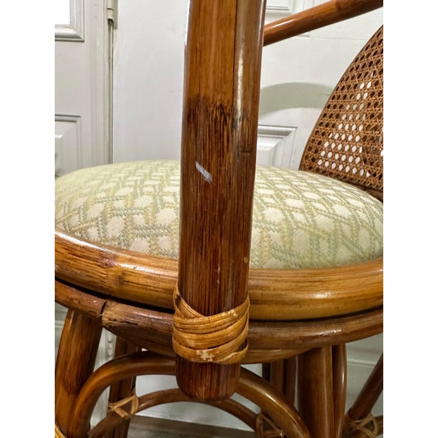 1960s Mid-Century Modern Upholstered Bamboo Swivel Bar Stools - Set of 2 For Sale - Image 9 of 10