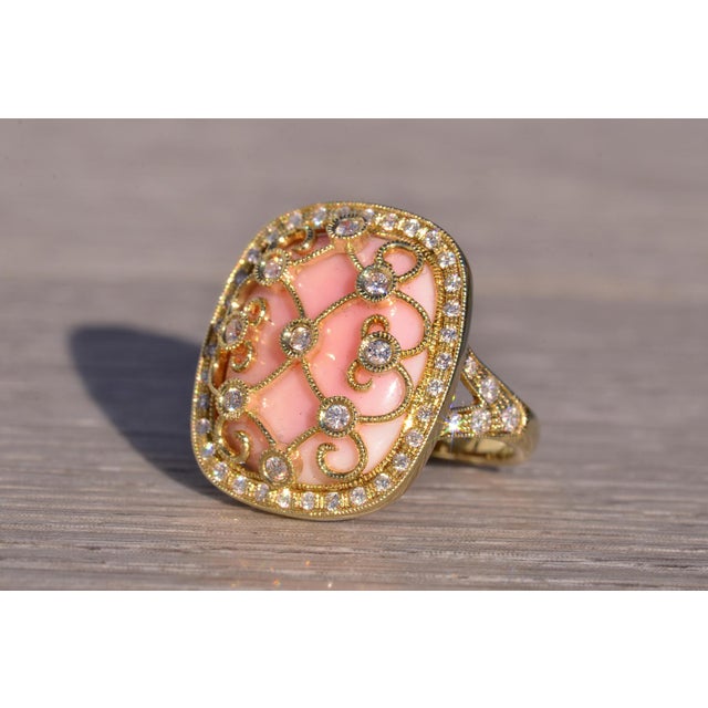 1990s The 154th Avenue: Pink Coral and Natural Diamond Cocktail Ring in Yellow Gold For Sale - Image 5 of 11