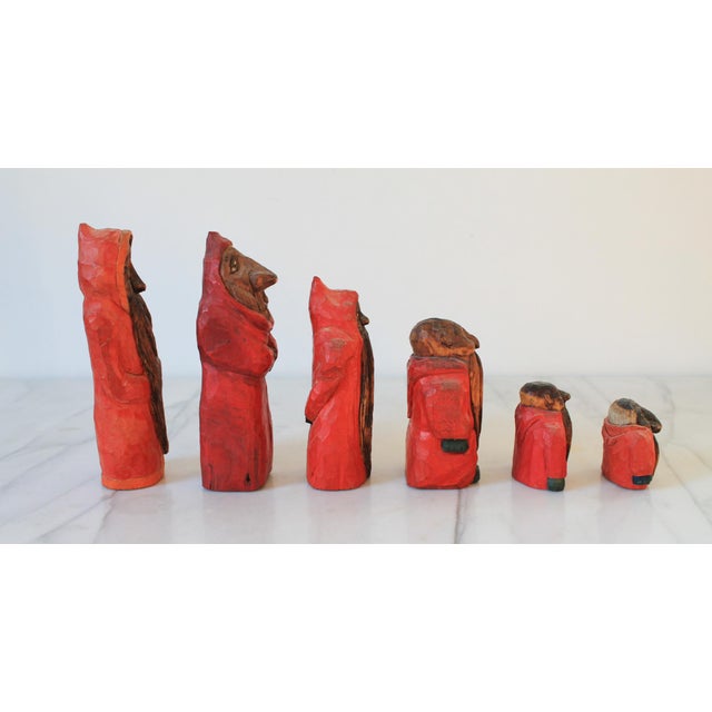 Figurative Vintage Hand Carved Wood Folk Art Figurines S/6 For Sale - Image 3 of 14