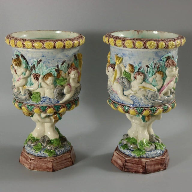 Late 19th Century Pair Thomas Sergent Palissy Majolica Mythological Vases For Sale - Image 5 of 12
