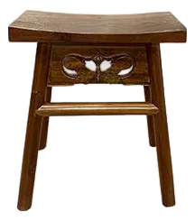 Asian Style Brown Elm Wood Butterfly Stool