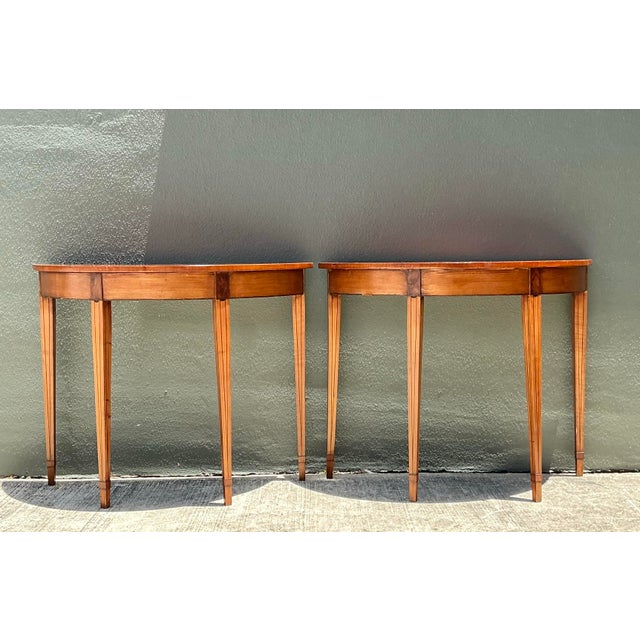 Mid 20th Century Vintage Regency Sunburst Burl Wood Demilune Tables - A Pair For Sale - Image 5 of 12