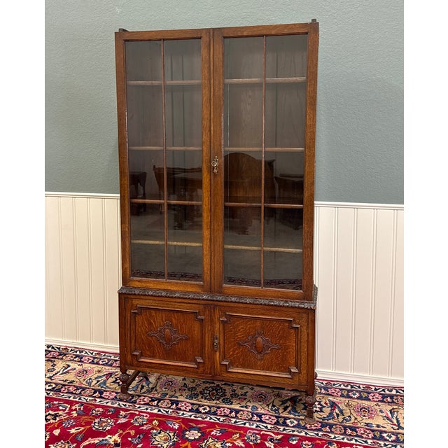 Antique English Jacobean Bookcase Bookshelf Cabinet Double Door Oak c.1930s For Sale - Image 16 of 17