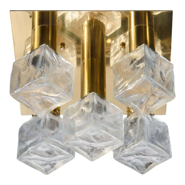 Mid-Century Modern Frosted Cube and Polished Brass Flush Mount by J.T. Kalmar For Sale