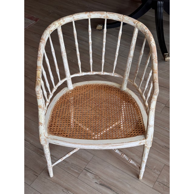 Set of Four Regency Style White Painted Faux Bamboo Armchairs With Cane Seats For Sale - Image 10 of 13
