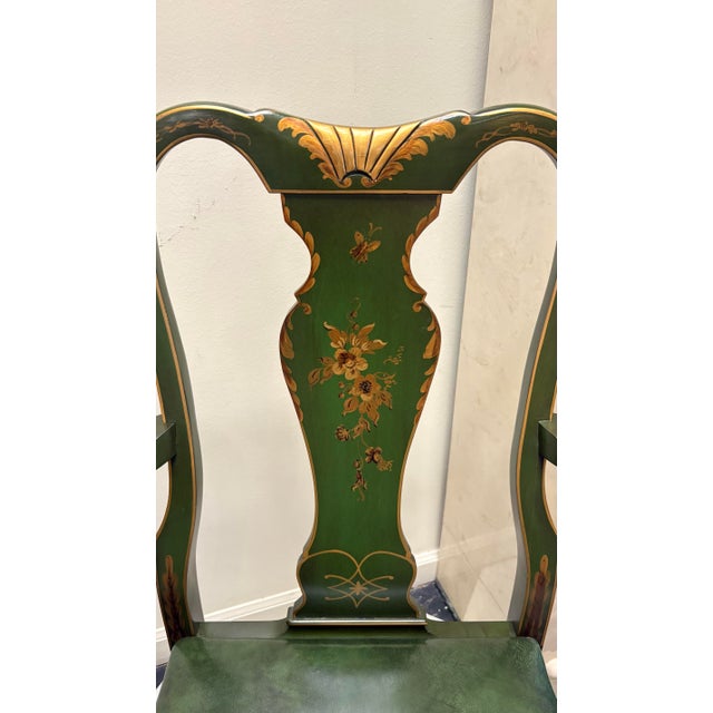 Mid-Century Chinoiserie Green Leather Arm Chairs - Queen Anne Style For Sale - Image 4 of 10