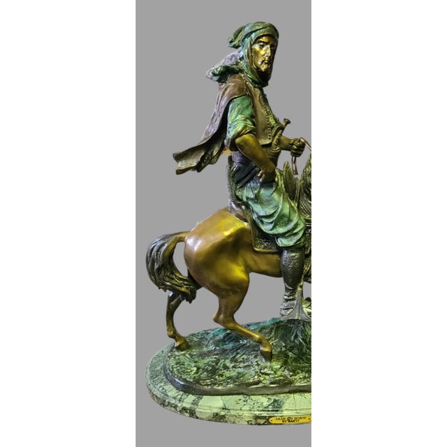 Figurative Vintage Barye Attributed "Arab Worrier on Horse" Bronze Sculpture Marble Base 30'' High For Sale - Image 3 of 12