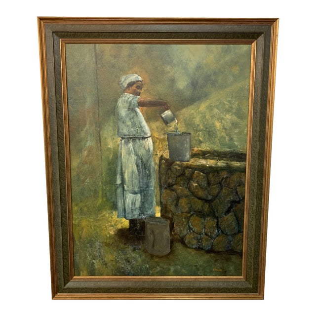 Figurative Oil on Canvas Painting of Farmer Woman by Well, Signed & Framed For Sale