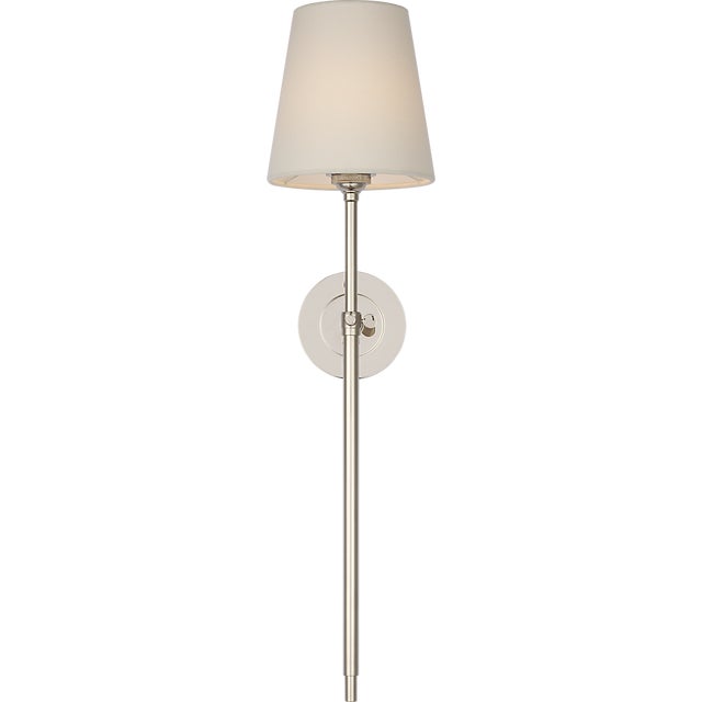 Metal Thomas O'Brien for Visual Comfort Signature Bryant 27" Cordless Tail Sconce in Polished Nickel with Linen Shade For Sale - Image 7 of 13