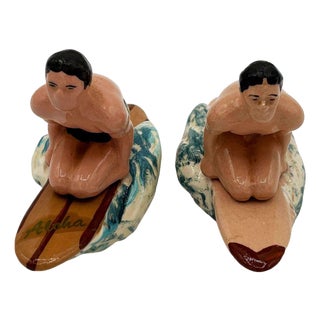 Rare 1951 Twin Surfer Ceramic Salt & Pepper Shaker Set by Herman's For Sale