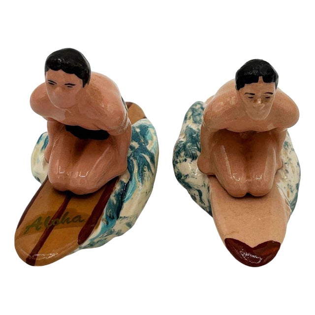 Rare 1951 Twin Surfer Ceramic Salt & Pepper Shaker Set by Herman's For Sale