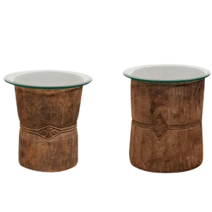 19th Century Rustic Wood Mortar and Glass Top Side Tables - a Pair