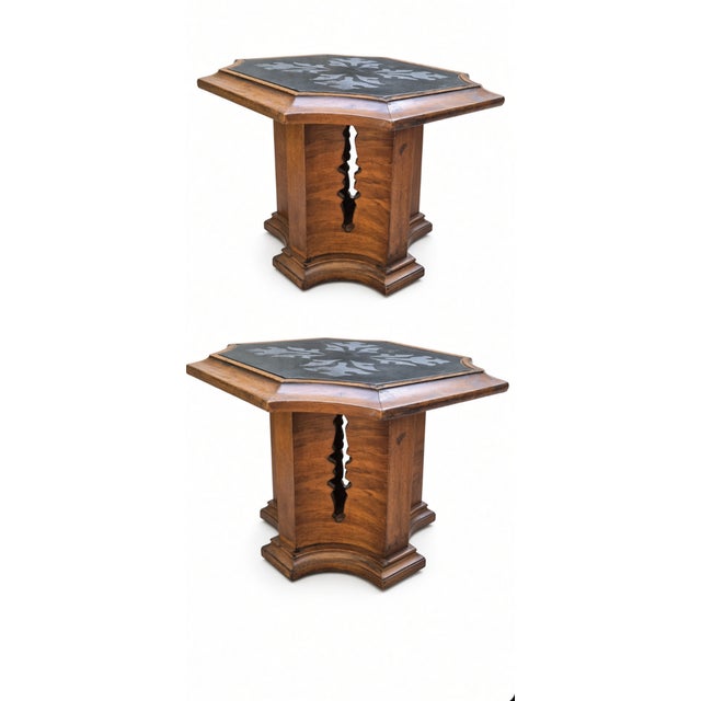 Pair of Mid-Century Octagonal Side Tables Attributed to Drexel Esperanto | Etched Slate Tops | 1960s For Sale In Washington DC - Image 6 of 7