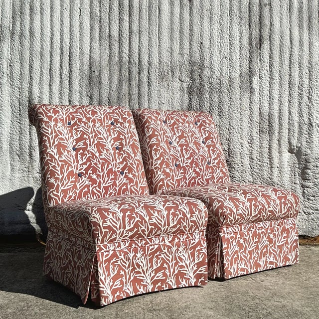 Late 20th Century Vintage Coastal Tufted Coral Print Slipper Chairs - a Pair For Sale - Image 5 of 8