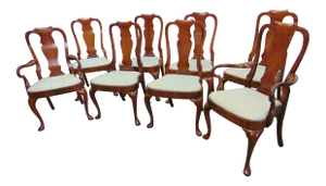 Queen Anne Style Solid Mahogany Dining Chairs - Set of 8