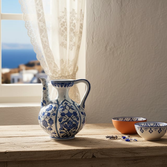 Turkish Handmade Ceramic Ewer Pitcher (20cm) Classic Blue and White Floral For Sale - Image 3 of 11