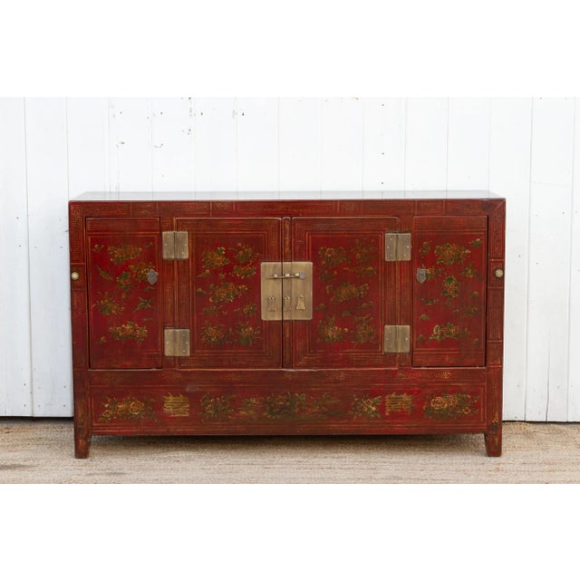 Chinese Beautifully Painted Chinese Floral Credenza For Sale - Image 3 of 12