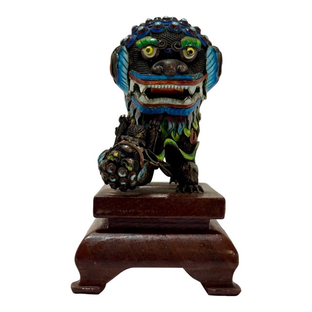 Early 19th Century Chinese Sterling Silver & Enamel Foo Dog Guardian Lion on Wooden Stand For Sale